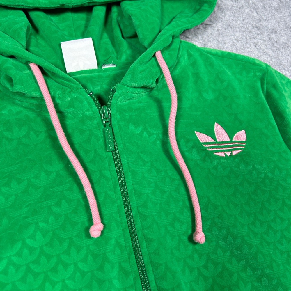 Adidas Hoodie Womens Large Green Monogram Velour Full Zip Trefoil Logo - Picture 3 of 15